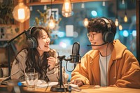 Two Korean talking podcast headphones microphone headset.