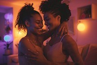 African American female happy gay couple adult night togetherness.