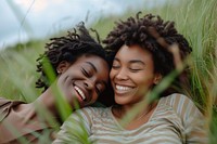 African American Happy lgbtq couple relaxing in the grass laughing smile happy.