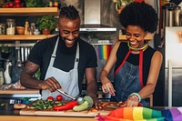 African American lebsian Couple cooking kitchen adult.