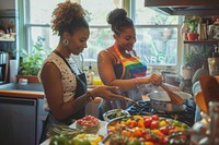 African American lgbtq Couple cooking kitchen food.