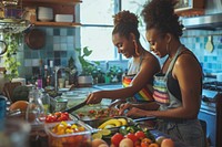 African American lgbtq Couple cooking kitchen adult.