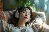 East asian female headphones listening sleeping.