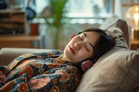 East asian female listening sleeping blanket.