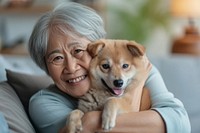 Japanese old women puppy portrait smiling.