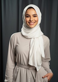 Middle eastern teen woman in abaya and hijab smiling scarf adult.