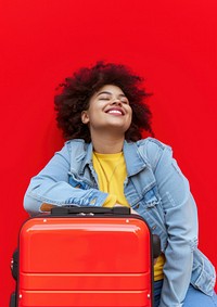 Plus size mixed racen teen woman with travel luggage smiling smile adult.