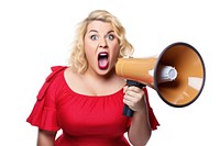 A chubby overweight young woman holding a megaphone screaming announcement shouting white background technology. AI generated Image by rawpixel.