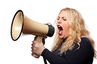 A chubby overweight young woman holding a megaphone screaming announcement shouting adult white background. AI generated Image by rawpixel.