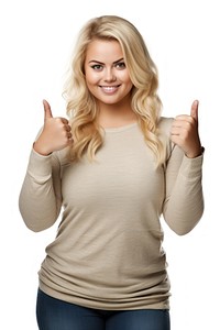 A chubby overweight young woman showing thumb up like gesture looking at the camera sweater sleeve finger. AI generated Image by rawpixel.