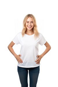 A Young woman pointing finger at her blank white tshirt t-shirt sleeve blouse. AI generated Image by rawpixel.