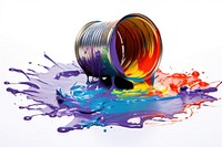 An Opened metal paint can with spilled paint on the floor white background splattered paintbrush. AI generated Image by rawpixel.