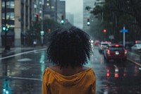 African American woman rain street adult.