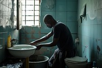 Black South African man bathroom cleaning toilet.