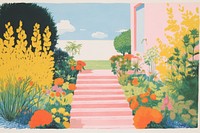  Colorful english garden art architecture painting. 