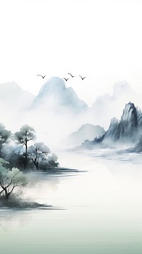 Mountain and river landscape outdoors painting.