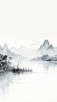 Mountain and river landscape outdoors painting.