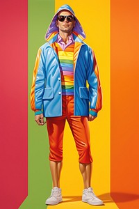 A gay man wearing a 1970s-fashion style outfit carrying a rainbow flag sunglasses creativity sweatshirt.