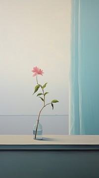 A flower plant on the table next to the window with sky background painting windowsill fragility.