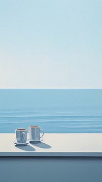 A two coffee cup on the window sill with sea background horizon nature drink.