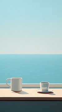 A two coffee cup on the window sill with sea background horizon drink mug.