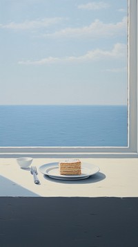 A cake in plate on the window sill with sea background horizon sky architecture.