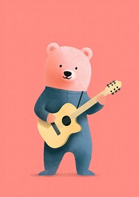 Risograph printing illustration minimal of a cute bear playing guitar animal anthropomorphic representation.