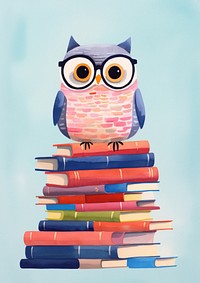 Risograph printing illustration minimal of a cute owl teacher animal book bird.