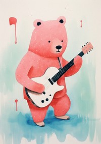 Risograph printing illustration minimal of a cute bear playing guitar animal representation performance.