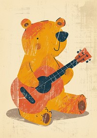 Risograph printing illustration minimal of a cute bear playing guitar art painting representation.