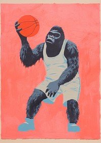 Risograph printing illustration minimal of a cute gorilla playing basketball art painting sports.