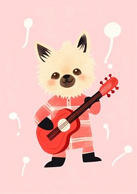 Risograph printing illustration minimal of a cute dog playing guitar performance pomeranian creativity.