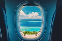 Large window see tropical islands airplane porthole vehicle.