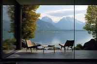 Window see mountain and lake furniture outdoors nature.