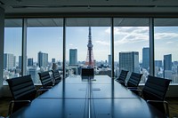 Large window see tokyo tower architecture furniture landmark.
