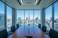 Large window see tokyo tower room architecture cityscape.