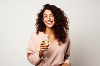 Woman smiling and chilling and celebrating new year laughing smile white background.