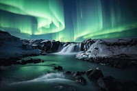 Night iceland northern light landscape waterfall outdoors.