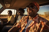 Happy African men vacation glasses vehicle.