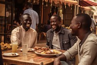 Happy African men eating adult togetherness.