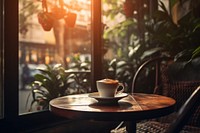 Inside the coffee shop furniture window table. 