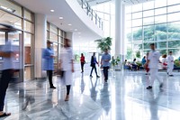 Staff In Busy Lobby Area Of Modern Hospital walking adult plant. AI generated Image by rawpixel.
