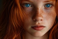 Portrait of red haired girl portrait freckle photography.