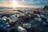 Trash on beach pollution outdoors garbage. 