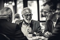 Senior gentleman engaged in a lively conversation with friends at a local cafe restaurant portrait glasses. AI generated Image by rawpixel.