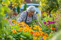 Elderly woman tending to her vibrant garden gardening nature outdoors. 