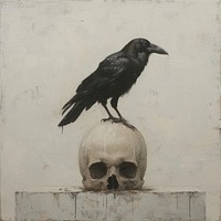 A crow perched atop a skull painting animal bird.