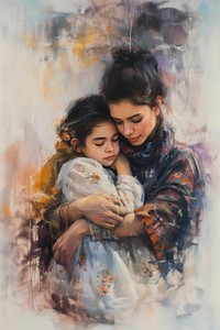 Mother painting portrait hugging.