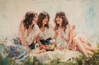 Three happy woman friends on a picnic painting happiness adult.