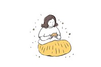 Hand-drawn illustration fat woman eating drawing cartoon sketch.